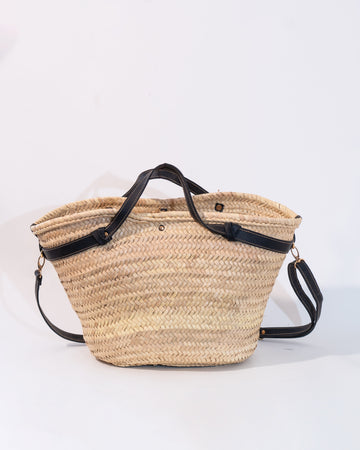 Jemure Handwoven Palm Straw Tote Bag with Leather Crossbody Strap & Gold Rivets – Natural/Black