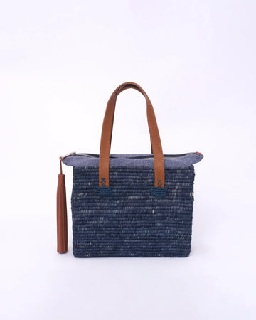 Jemure Handwoven Raffia Tote Bag with Leather Handles & Zip Top – Navy Blue