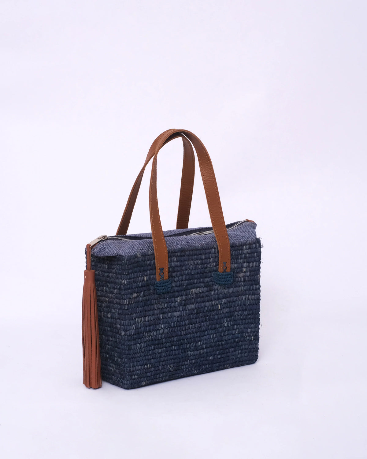 Jemure Handwoven Raffia Tote Bag with Leather Handles & Zip Top – Navy Blue