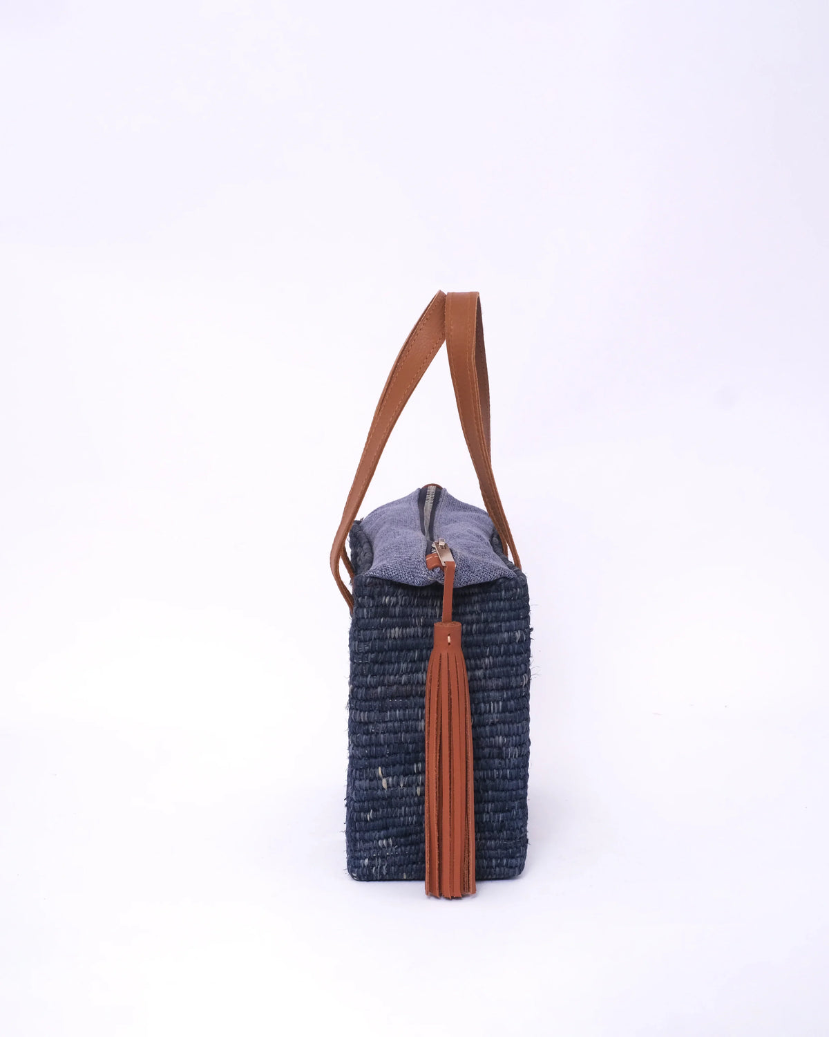 Jemure Handwoven Raffia Tote Bag with Leather Handles & Zip Top – Navy Blue