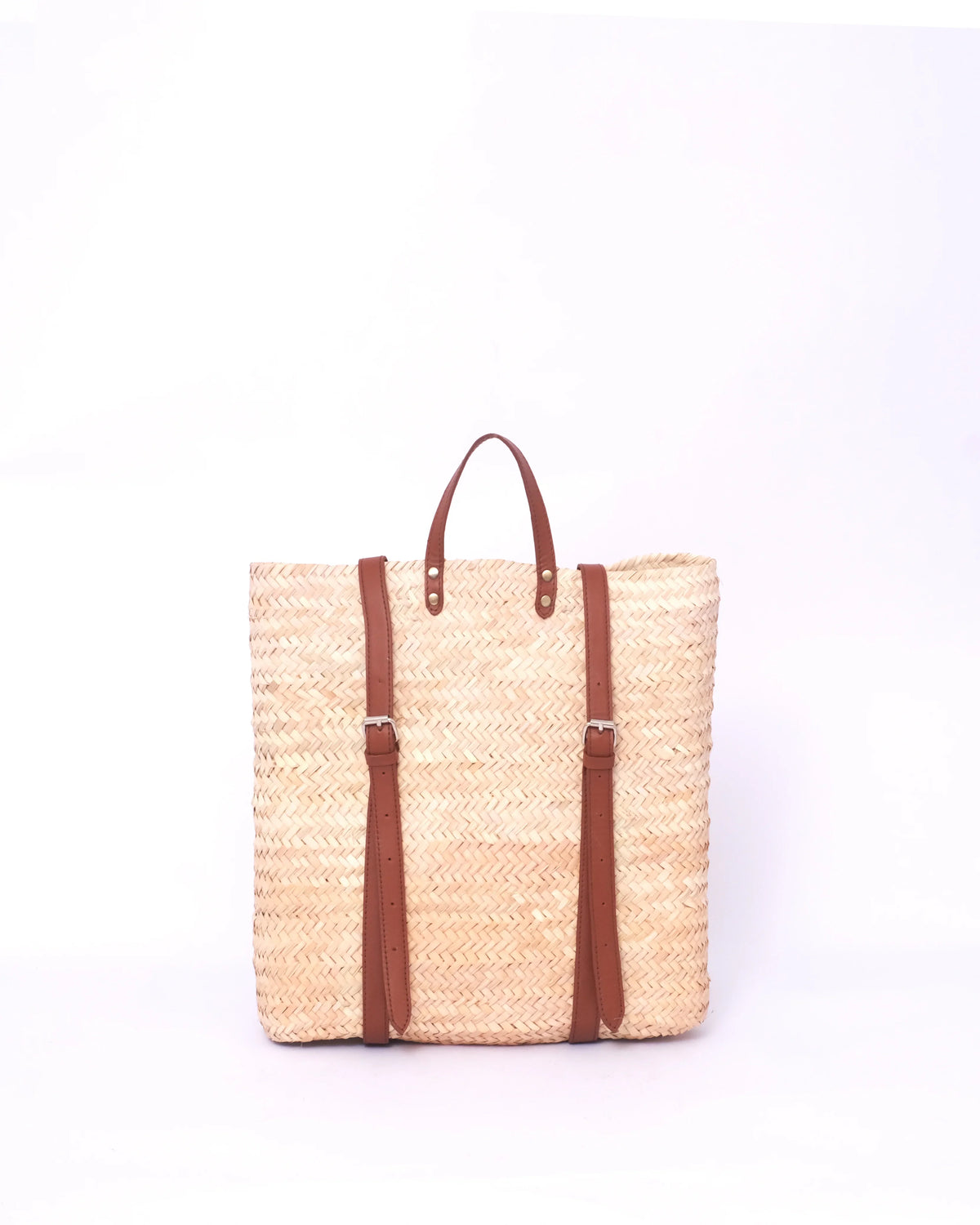 Jemure Handwoven Palm Straw Convertible Backpack Tote with Brown Leather Straps – Natural/Brown