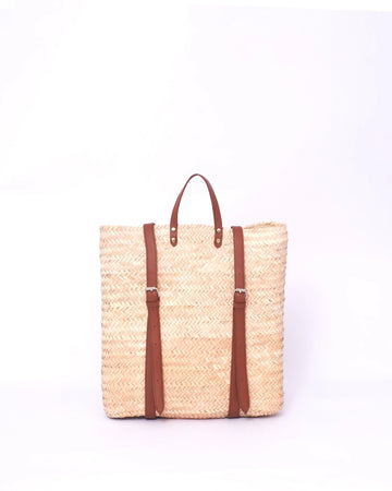 Jemure Handwoven Palm Straw Convertible Backpack Tote with Brown Leather Straps – Natural/Brown