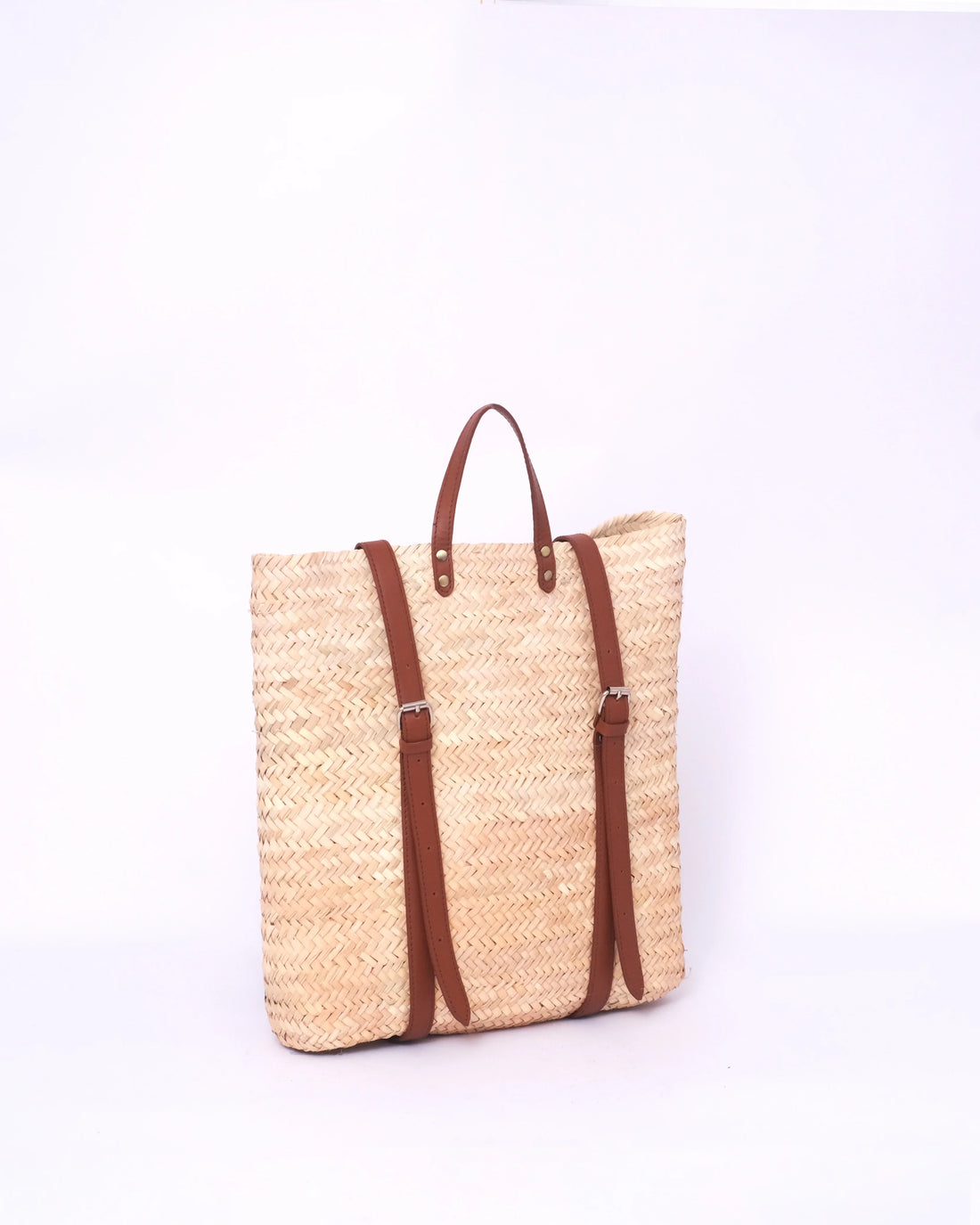 Jemure Handwoven Palm Straw Convertible Backpack Tote with Brown Leather Straps – Natural/Brown