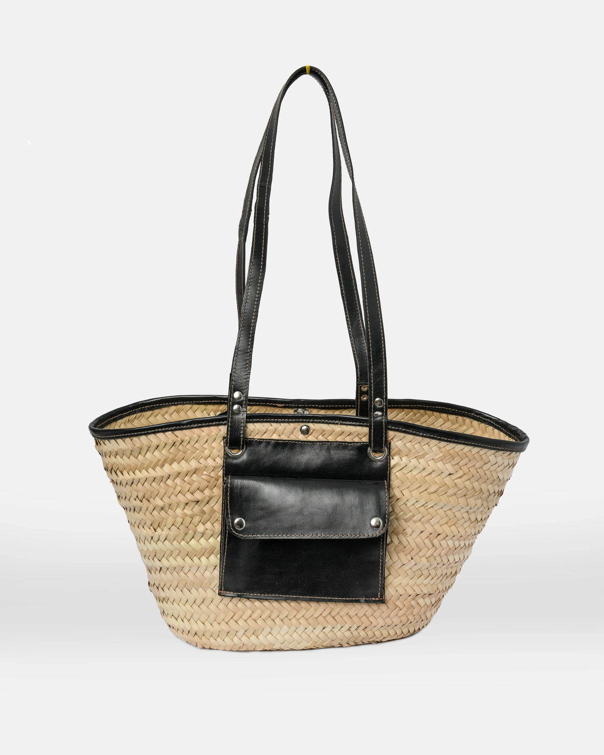 Jemure Handwoven Palm Straw Tote Bag with Black Leather Trim & Zip Canvas Pouch – Natural/Black