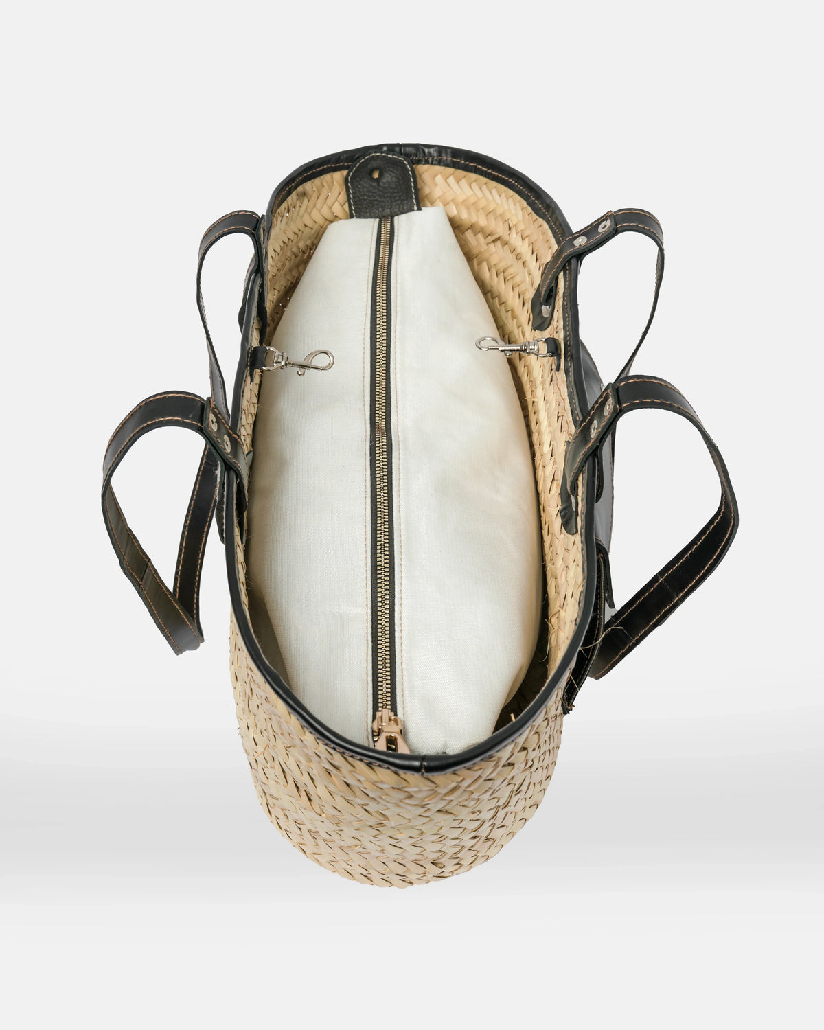 Jemure Handwoven Palm Straw Tote Bag with Black Leather Trim & Zip Canvas Pouch – Natural/Black